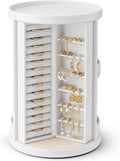 VLANDO 360°Rotating Jewelry Box,Earring Organizer Large Vertical Jewelry Organizer with 6 Necklace Hooks, Open Ring Display Storage for Women -White