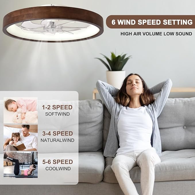 24” Low Profile Ceiling Fan with Light and Remote & APP Control | Dimmable LED,6 Speed,Reversible DC Motor,Solid Wood Frame Flush Mount Ceiling Fan with Light for Bedroom/Kidsroom/Dinng Room