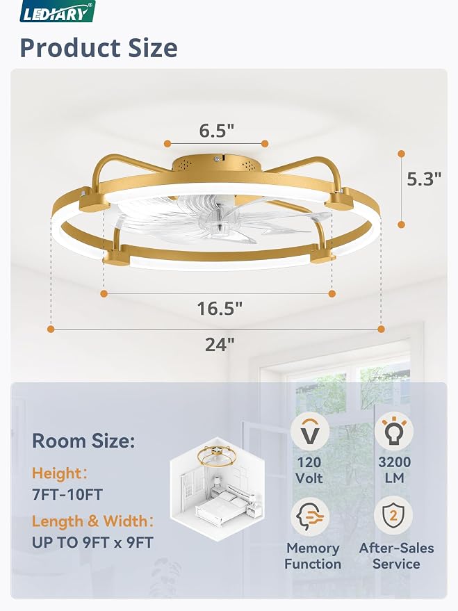 LEDIARY Ceiling Fans with Lights and Remote, 24'' Low Profile Ceiling Fan with Light, 3000-6000K Dimmable Fandelier LED Fan Light, 6 Wind Speeds, Gold Modern Flush Mount Ceiling Fan for Bedroom