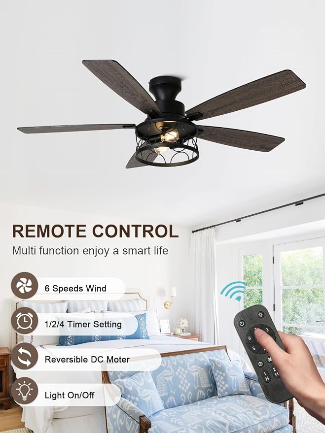 52 Inch Flush Mount Farmhouse Ceiling Fan with Lights and Remote | Rustic Fandelier Black Metal Caged Chandelier Fan, 5 Dual Blades, Reversible Quiet DC Motor 6 Speed, for Bedroom Living Room