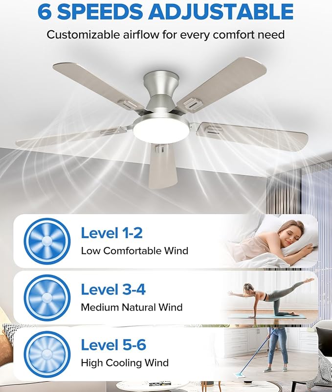 UME 52" Ceiling Fan with Lights & Remote, 6 Blades Low Profile Ceiling Fan, Quiet DC Motor, Natural Wind, 6 Speeds, 3CCT Dimmable 20W LED Modern Ceiling Fan for Bedroom, Living Room, Nickel
