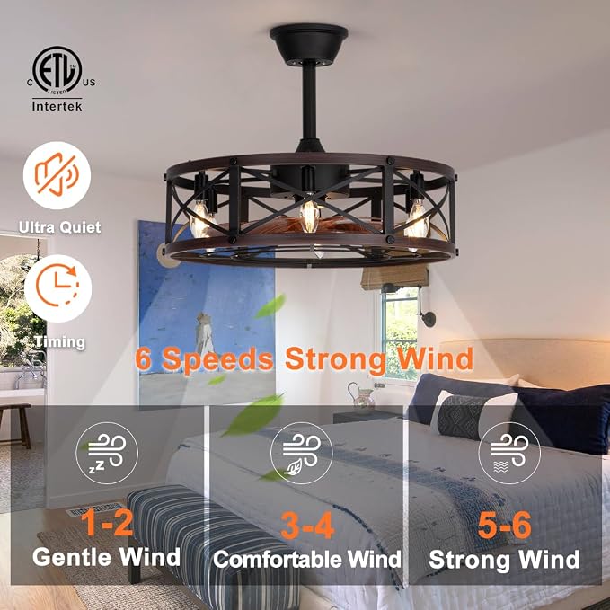 SHLUCE 22" Farmhouse Caged Ceiling Fan with Light, Rustic Fandelier Ceiling Fans with Lights and Remote, Modern Large Caged Bladeless Ceiling Fans with Lights for Kitchen, Bedroom, Brown - ETL