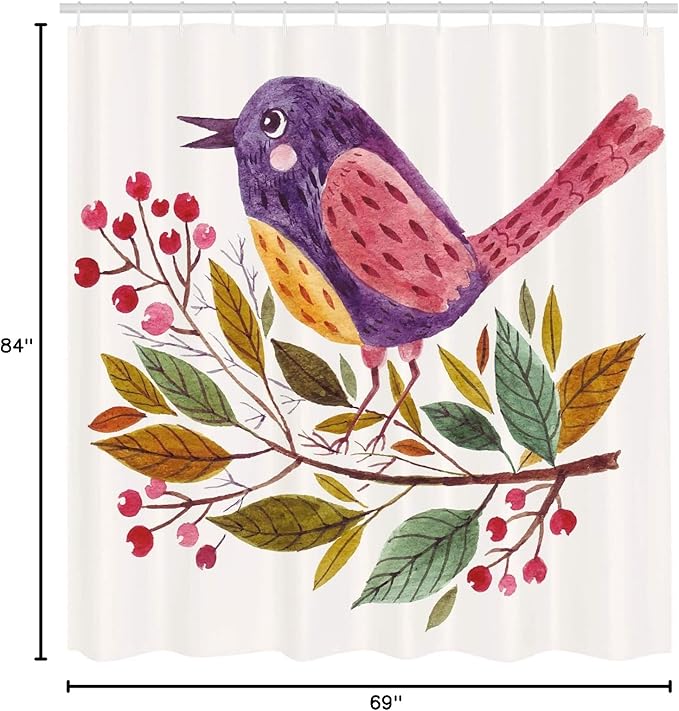 Ambesonne Leaf Shower Curtain, Watercolor Styled Effect a Bird Sitting on a Branch with Leaves Print, Cloth Fabric Bathroom Decor Set with Hooks, 69" W x 84" L, Apple Green