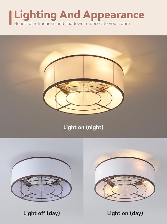 Low Profile Ceiling Fans with Lights, 20" Brown Boho Ceiling Fan with Light Flush Mount and Remote Control, Drum Caged with 6 Speeds for Bedroom, Nursery, Living Room