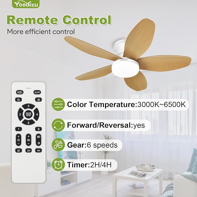Ceiling Fans with Lights - 35 Inch Small Low Profile Ceiling Fan and Remote,Flush Mount Ceiling Fan with 5 Reversible Blades 6 Wind Speeds, White&Wood Modern Ceiling Fans for Bedroom Kitchen