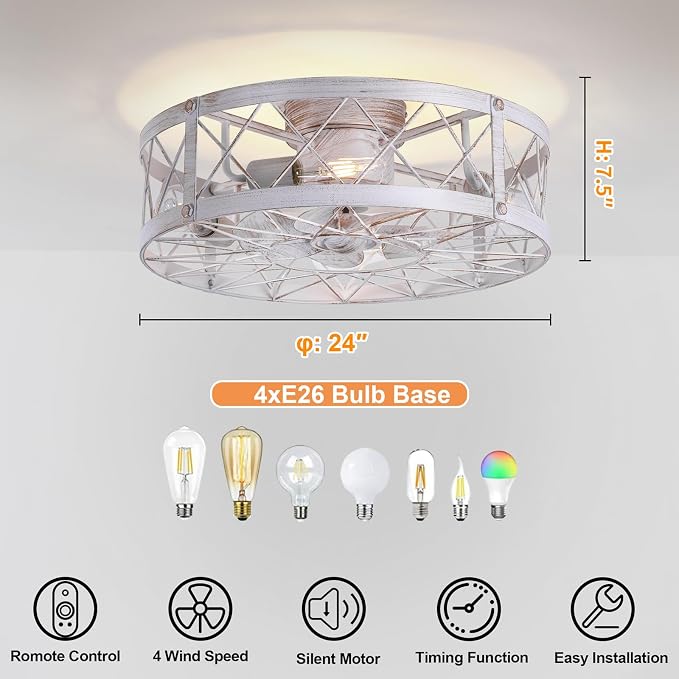24" Flush Mount White Caged Ceiling Fans with Lights, Rustic Low Profile Ceiling Fan with Light and Remote, Quiet Reversible DC Motor Bladeless Enclosed Ceiling Fan for Bedroom Kitchen Farmhouse