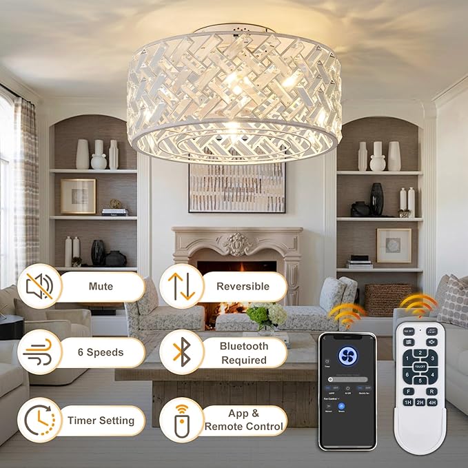 18 Inch Caged Ceiling Fan with Light and Remote, Painted White Flush Mount Fandelier Ceiling Fan with Remote & App Control, Quiet DC Motor Low Profile Crystal Ceiling Fan for Bedroom, Kitchen