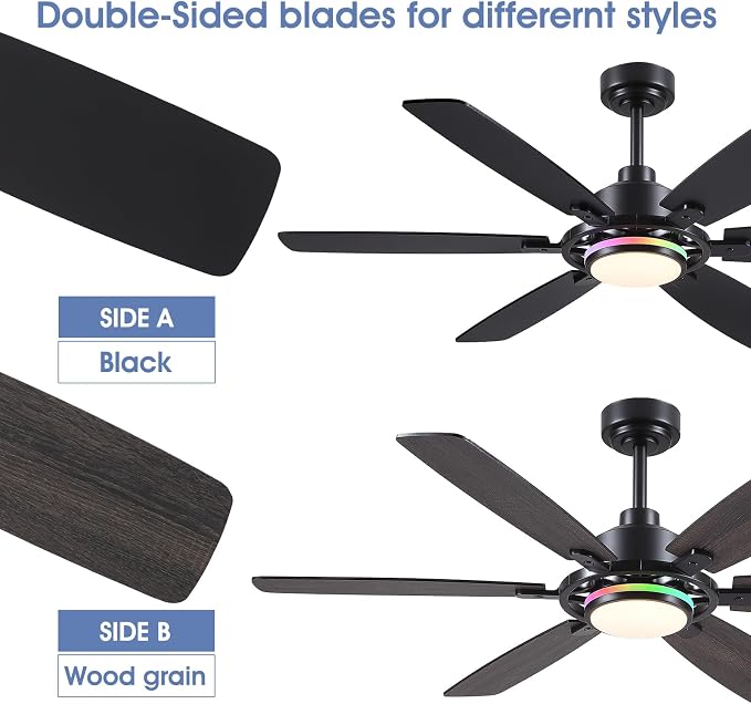 SHIHOT 54" Modern 6-Blade Black RGB Ceiling Fans with Lights and Remote | 14 RGB Modes ,6 Wind Speeds, Reversible, Dimmable 3 CCT LED, 30W Quiet DC Motor,6 Double-Sided Blades,for Bedroom Kidsroom