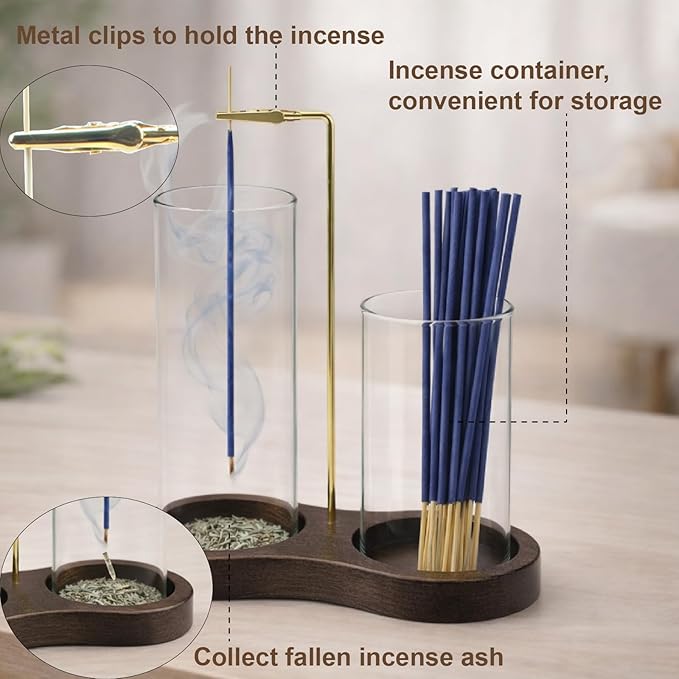2-in-1 Incense Holder with Glass Ash Catcher & Stick Storage, Wooden Incense Burner for Relaxation, Stress Relief, Mess-Free Home Use, Self-Care, Meditation, Yoga, Bedroom & Living Room (Sapele)