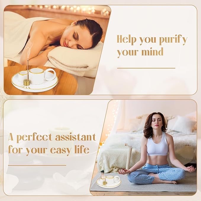 SelfTek 5 in 1 Incense Holder for Sticks, Ceramic Incense Burner Holder and Ash Catcher Tray, Palo Santo Holder - 9 Incense Holes for Candle, Sage Holder for Burning for Meditation Yoga Room (White)