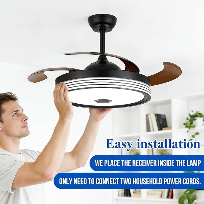 48 inch Modern Retractable Ceiling Fan with Lights and Remote Control, RGB 6Speed Dimmable Fandelier, Smart Ceiling Fan Light with Bluetooth Speaker, Reversible Bedroom