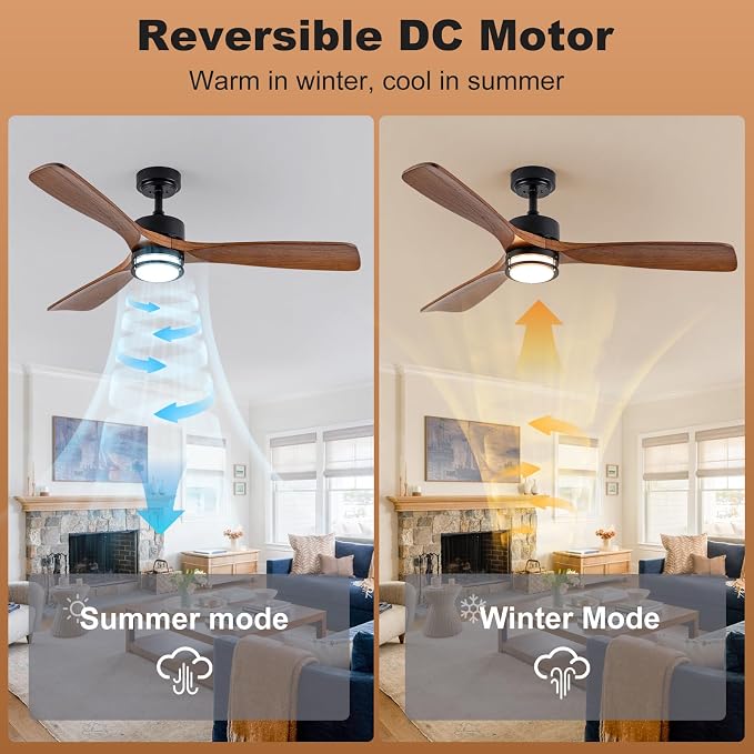 52” Outdoor Ceiling Fan with Light, 3 Walnut Solid Wood Blade, Remote Control, 3CCT Dimmable LED, Timer, 6-Speed Reversible Motor All-Weather Use for Living Room or Patio