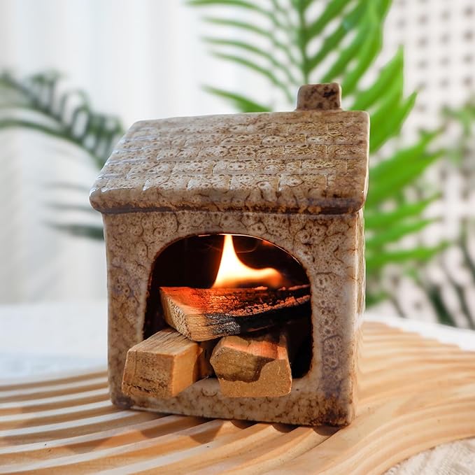 Mougigi Ceramic Brown House Palo Santo Burner Holder | Mini Chiminea Design for Sage & Incense Cones | Stable Base Smudge Bowl Dish | Perfect for Zen Altar, Meditation, Yoga Spaces, Home Decor & Gifts