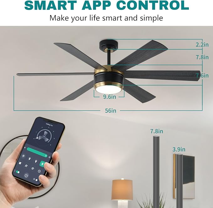 SHOWDI Ceiling Fans with Lights and Remote, Black-Gold, 56 in | 2 Blade Color, Metal Material, App Remote Control, Timer, Reversible, 3CCT, Dimmable for Bedroom, Living room, Indoor