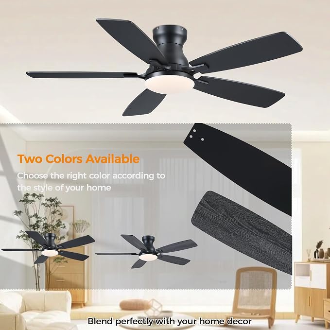 JSAITEE 46 Inch Low Profile Flush Mount Ceiling Fan with Lights, Black | 46" Ceiling Fan with 5 Dual-Sided Blades and 6 Speeds 3CCT Dimmable, Modern Indoor Fan Light Fixtures for Bedroom, Kitchen