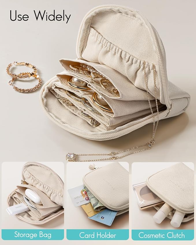 VLANDO Small Jewelry Travel Case,Jewelry Pouch Bags with Zipper,Velvet Jewelry Organizer Storage Bag for Bracelet Rings Earring Travel Essentials Gifts for Women Girl-Beige