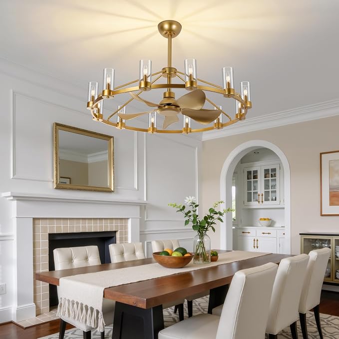 44" Wagon Wheel Chandelier Ceiling Fans with Lights and Remote with APP, 12-Lights Farmhouse Fandelier Fans with Glass Shade, Gold Industrial Lighting Fixture for Dining Living Room, Kitchen Island