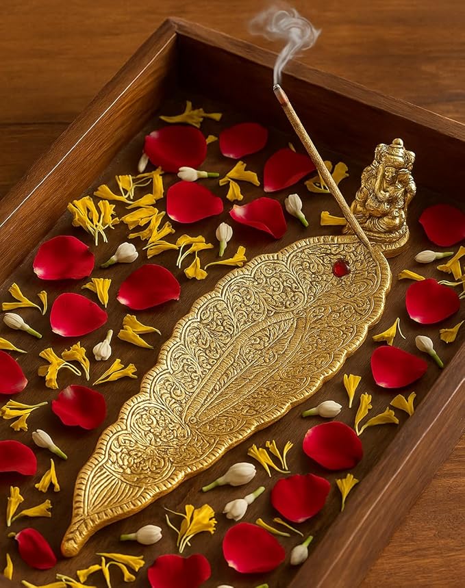 Pure Source India Aluminum Incense Holder & Ash Catcher Agarbatti Stand Featuring Ganesh Figurine (9x2 inch, Gold)