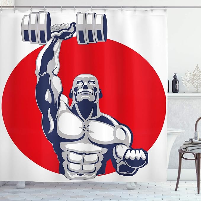 Ambesonne Fitness Shower Curtain, Muscular Man Lifting Barbells Body Builder Strength Work Out Powerful, Cloth Fabric Bathroom Decor Set with Hooks, 69" W x 84" L, Grey Red White