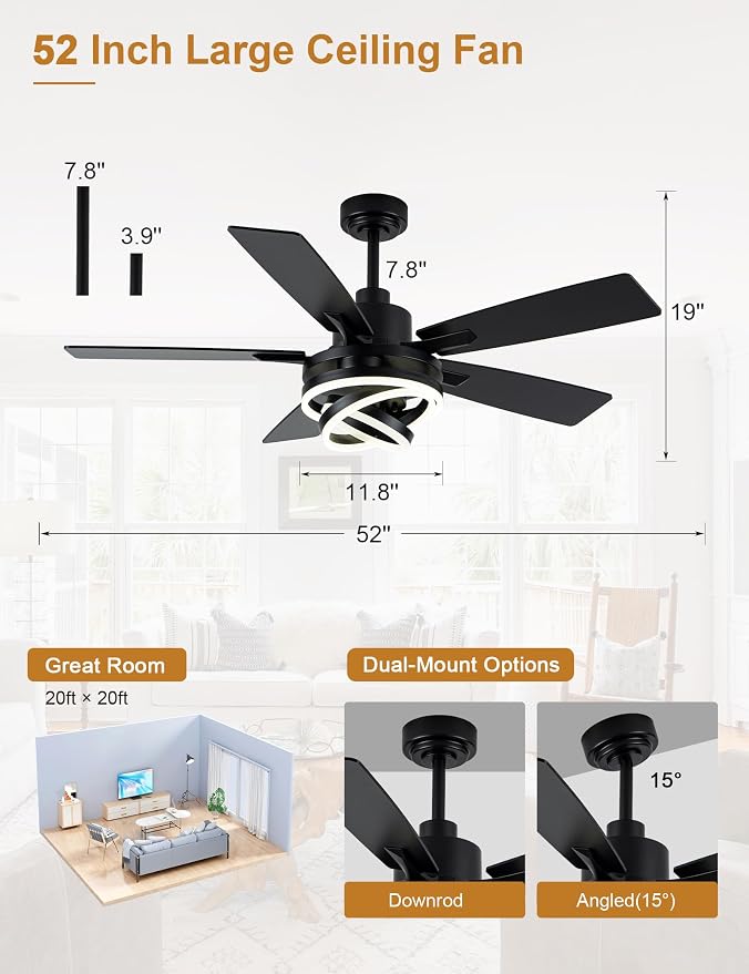 52" Black Modern Chandelier Ceiling Fan with Lights | DC motor, reversible, dimmable; recommended for bedroom, living room, and indoor use.