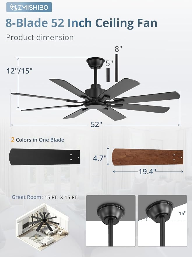 ZMISHIBO 52 inch Ceiling Fan no Light, 8 Blades Black Ceiling Fans without lights, Quiet Rerverible DC Motor, 6speeds, for Bedroom, Living Room, Home Office and Patio