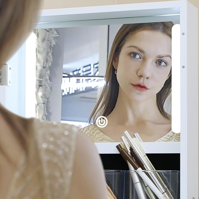 Jewelry Cabinet Standing Mirror with Drawers Wheels Full Length Mirror Jewelry Storage with Touch Screen Vanity Mirror Rotatable Jewelry Armoire Organizer with Lock White Christmas Gift for Women