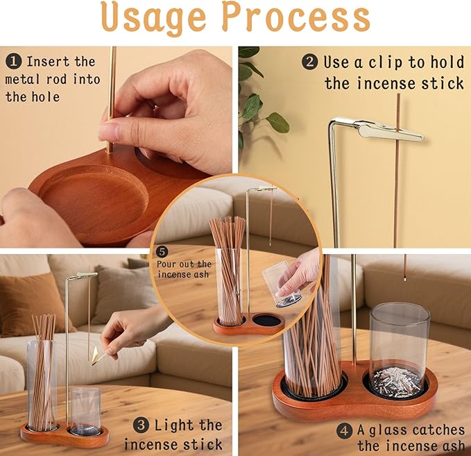 2 in 1 Incense Holder with Ash Catcher, Anti-Tip Secure Glass Cups with Hook & Loop Fasteners, 8-Shaped Wooden Base, Stable Vertical Burner for Meditation, Yoga & Home Decor (Brown)