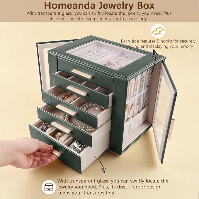 Homeanda Jewelry Box for Women with Glass Lid, 5 Drawers Jewelry Organizer and Storage for Necklaces, Rings, Earrings, Bracelets, Gift for Girls and Teens,PU Leather (Green)