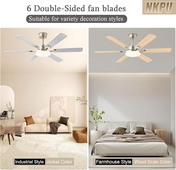 NKPU 56 Inch Ceiling Fans with Lights, Large Modern Nickel Ceiling Fan with Light and Remote Control, 6 Double Sided Blades, 6 Speed DC Motor, Dimmable LED, Silent Timing, Indoor Outdoor Patio Use