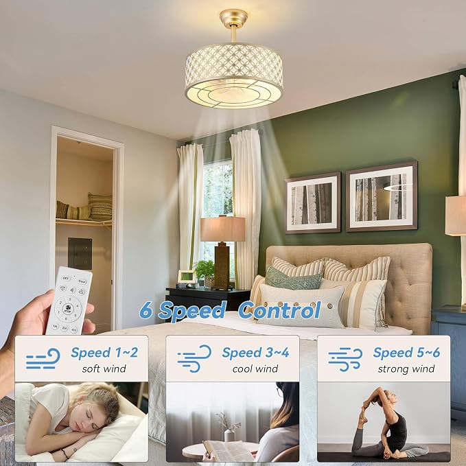 Gold Fandelier Ceiling Fan with Light, 20" Caged Gold Chandelier Ceiling Fans with Lights Remote Control, Fabric Mid-Century Modern with 6 Speeds for Bedroom, Nursery, Living Room.