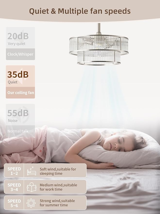 Silver Fandelier Ceiling Fans with Lights, 20" Silver Crystal Chandelier Ceiling Fan with Light Remote Control, Caged Mid Century with 6 Speeds for Bedroom, Living Room, Nursery