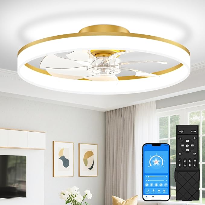 VOLISUN Low Profile Ceiling Fans with Lights and Remote, 24in Fandelier Ceiling Fan Flush Mount, 3000K-6500K Smart Bladeless LED Fan Light, Gold Modern Ceiling Fans with Lights for Bedroom