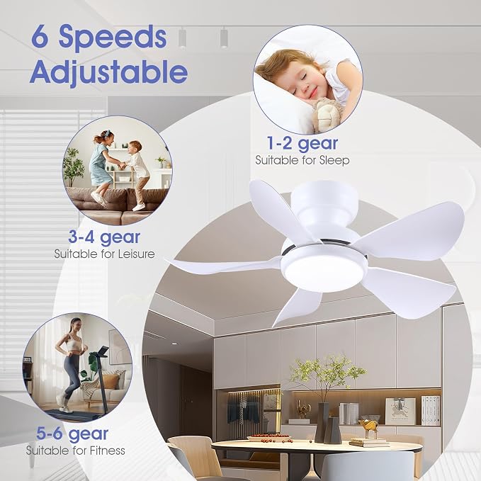 Kviflon 32 Inch Modern Ceiling Fans with Lights, Small Flush Mount Ceiling Fan with Light Remote Control, 5 Reversible 6 Speeds Curved Blades, 3 CCT Dimmable Lights for Bedroom Kids Room, White