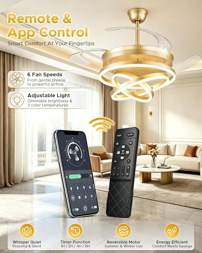 48 Inch Retractable Ceiling Fan with Lights, Gold Fandelier Chandelier Fan with Remote, 6-Speed Silent DC Motor, 3000K-6500K Dimmable LED Light, Modern Ceiling Fan for Bedroom Living Room Dining Room