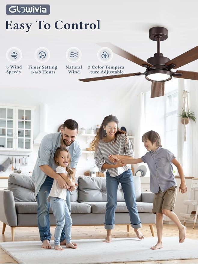 52 Inch Ceiling Fan with Lights and Remote, Smart APP Control, Dimmable with All-Setting Memory, Quiet DC Motor Reversible Blades, Damp Rated Modern Ceiling Fan for Bedroom Patio Living Room