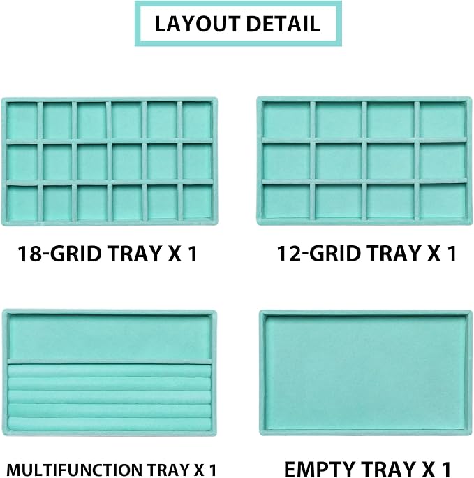Frebeauty Jewelry Trays for Drawer,Set of 4 Jewelry Organizer and Storage | Velvet Material,Earring Holder Organizer,Stackable Jewelry Display for Vanity,Drawer Inserts for Rings,Studs,8.3×4.9 inch