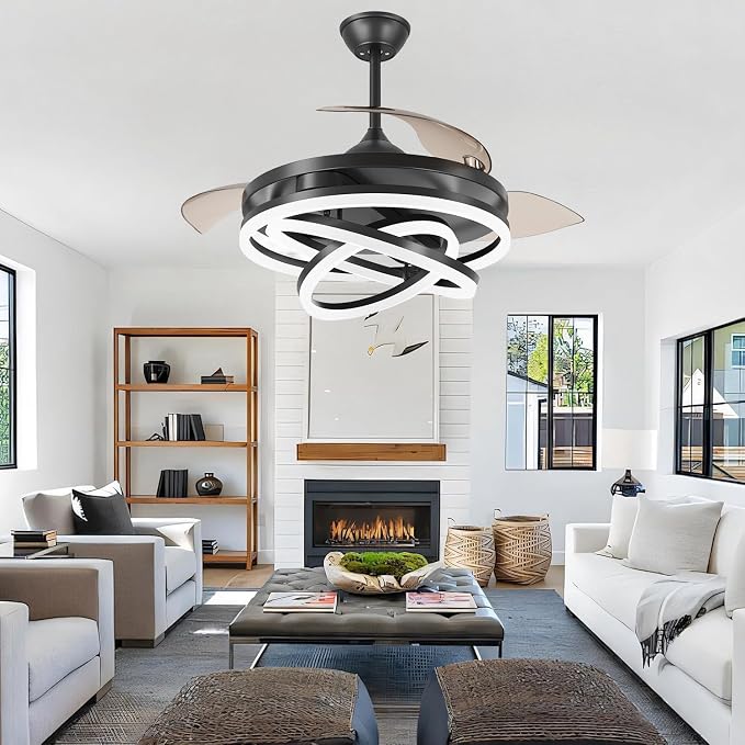 TXCSLY Retractable Ceiling Fan, 42 Inch Chandelier Ceiling Fans with Light, Modern Fandelier Ceiling Fan for Bedroom Living Room Dinning Room, Reverse Motor, 3 Color Temperature, 6 Wind Speed-Black