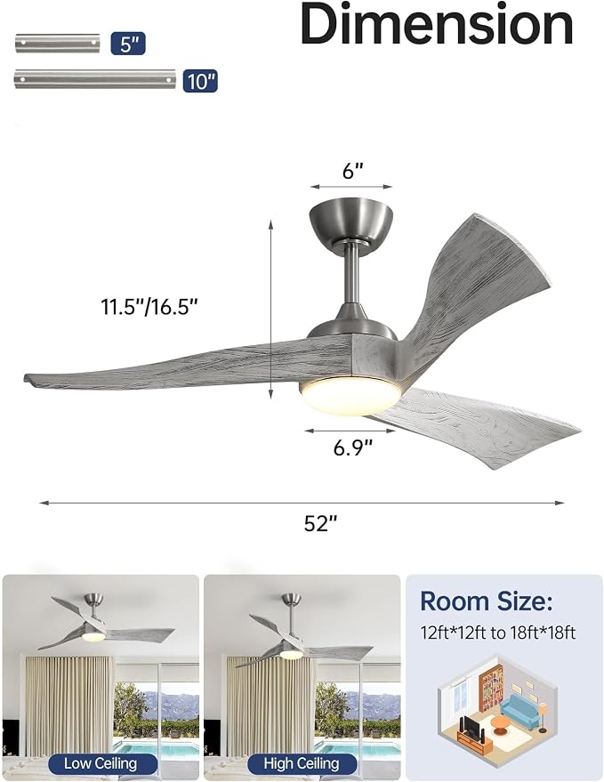 Sofucor 52 Inch Smart Ceiling Fans with Light-Modern Solid Wood Outdoor 3 Blades Ceiling Fan with Light Alexa/Google/APP/Remote Control for Bedroom Living Room, Quiet DC Motor, Brushed Nickel & Grey