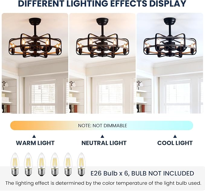 NOXARTE Cage Ceiling Fan with Light, Vintage Fandelier Remote Control, Bladess Industrial Chandelier Ceiling Fan Reverse Motor for Living Dining Room Bedroom Dia 25 Inch