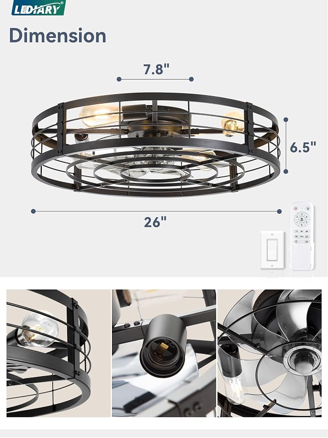 LEDIARY 26" Caged Ceiling Fan with Light and Remote, Low Profile Flush Mount Fandelier, Black Bladeless Enclosed Small Fan Lights Ceiling Fixtures, Rustic Farmhouse Style for Bedroom, Outdoor