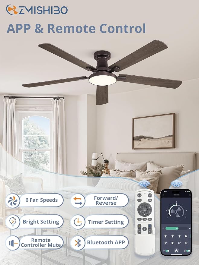 ZMISHIBO 60 Inch Flush Mount Ceiling Fan with Light, Remote&APP, Oil Bronze | 6-Speed Quiet DC Motor, Dimmable 24W LED with 3CCT (3000K-6500K), Modern Low Profile for Living Room, Bedroom, Kitchen