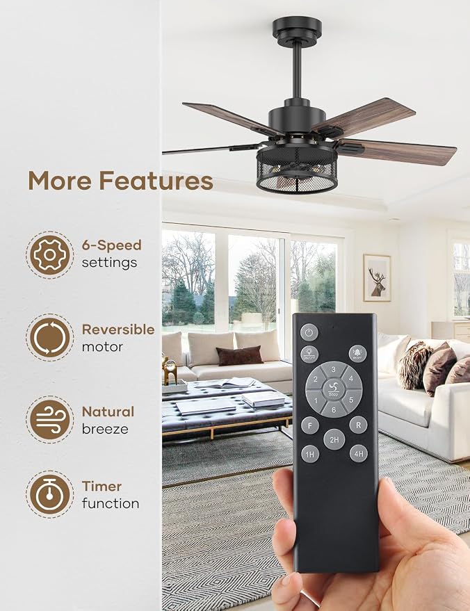 Farmhouse Ceiling Fans with Lights and Remote, 42 Inch Black Caged Ceiling Fan, Indoor/Outdoor Ceiling Fan with Dual-Color Blade Warm White Lighting for Bedroom, Patio, Kitchen, Living Room
