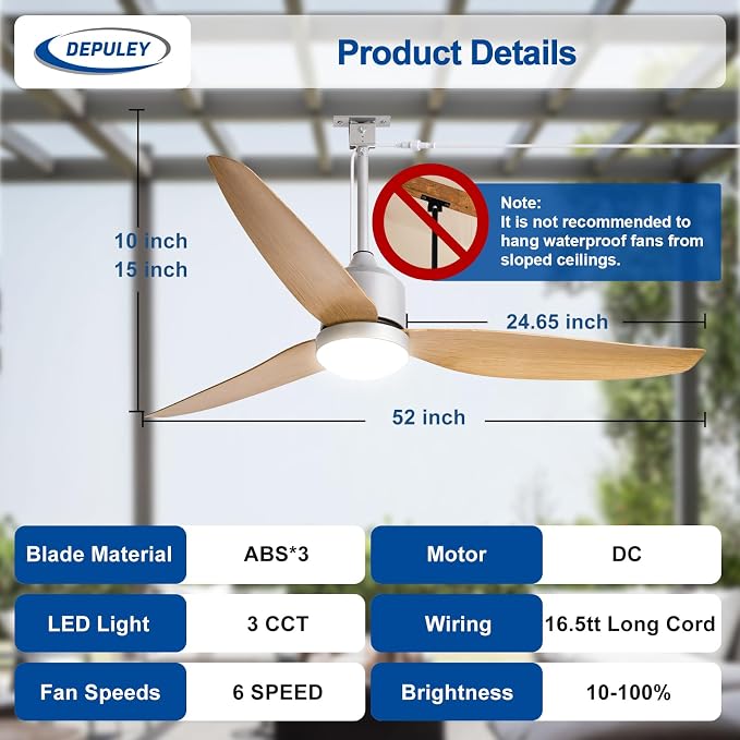 Depuley 52-Inch Ceiling Fans with Lights: Outdoor Waterproof Ceiling Fan for Patios - Plug in Gazebo Fans with Remote Control - Low Profile Outdoor Fan 3 CCT DC Motor for Pergola Porch - Wood Color