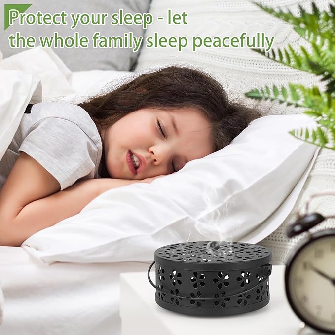 Portable Iron Mosquito Coil Holder with Handle Round Heat-Resistant Incense Holder (2 Pack Black)