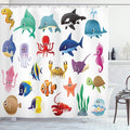 Ambesonne Whale Shower Curtain, Variety of Marine Organisms Stingray Squid Sea Star Seahorse Sailfish Lobster Artwork, Cloth Fabric Bathroom Decor Set with Hooks, 69" W x 75" L, White Multicolor