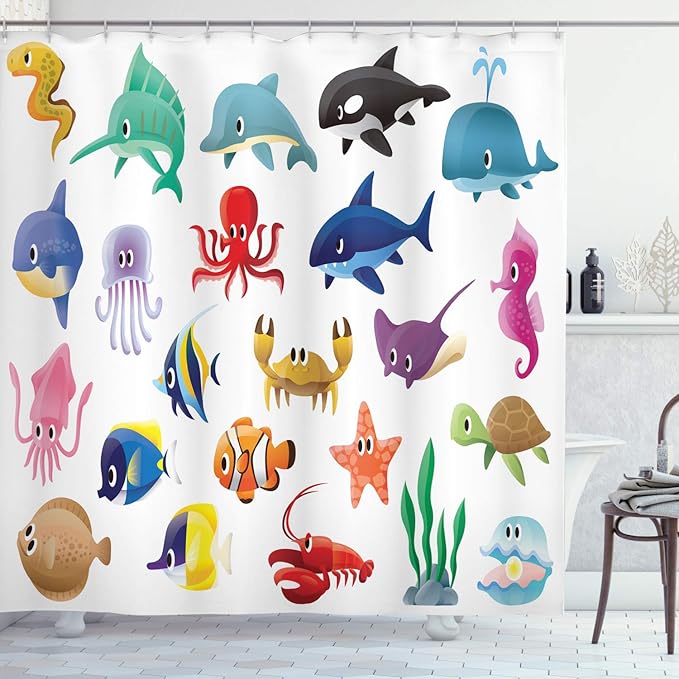 Ambesonne Whale Shower Curtain, Variety of Marine Organisms Stingray Squid Sea Star Seahorse Sailfish Lobster Artwork, Cloth Fabric Bathroom Decor Set with Hooks, 69" W x 75" L, White Multicolor