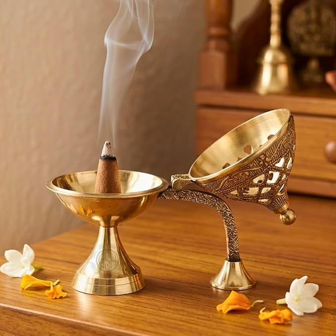 DSH CRAFTING YOUR CURIOSITY Dsh Home Purifying Brass Dhuna Loban Burner Dhooni Dhoop Dani Dhuni Brass Table Dhoop Dani Incense Burner for Loban. (Medium)