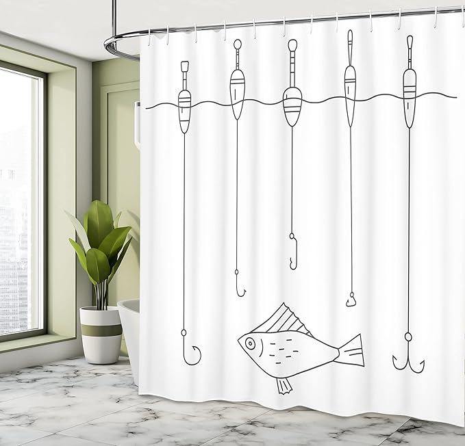 Ambesonne Nautical Shower Curtain, Fishing Tackle Floaters Hooks Fishing Gear Equipment Doodle Style Art, Cloth Fabric Bathroom Decor Set with Hooks, 69" W X 75" L, Grey Charcoal
