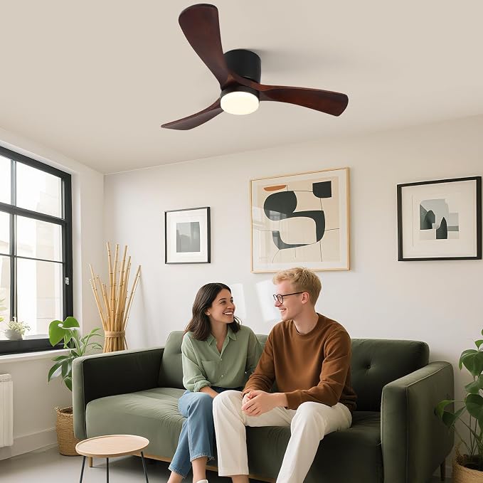 GESUM 42" Ceiling Fan with Lights Remote Control, Low Profile Ceiling Fan with 3 Walnut Wood Blades, Reversible,Dimmable, Flush Mount Ceiling Fans for Living Room Kitchen Bedroom(Black+Walnut)