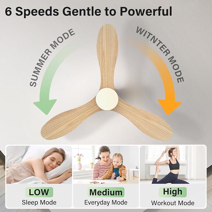 42" Wood Ceiling Fans with Lights,Smart Control via Remote WiFi Alexa APP,Quiet DC Motor,Modern Flush Mount Ceiling Fan for Low Profile Bedroom,Patio,3 Blade,Natural Wood and White,Outdoor Indoor,Dim